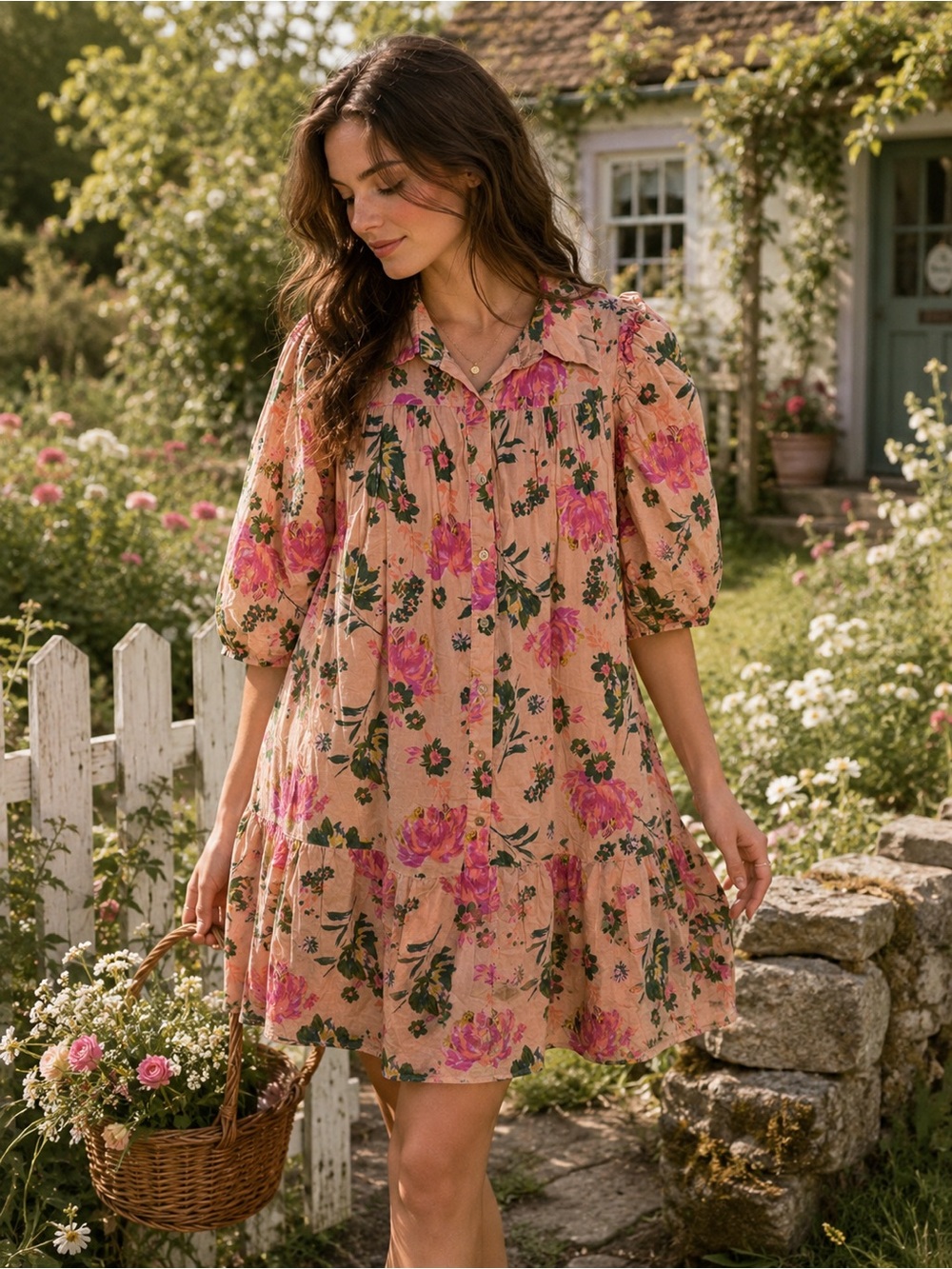 Entro Floral Cottagecore Babydoll Mini Dress Large Pink Puff Sleeve Boho Prairie